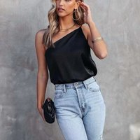 temperament commuter satin shirt loose casual oblique shoulder satin suspenders