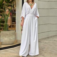 2023 temperament elegant v neck bat sleeve wide leg solid simple fashion jumpsuit