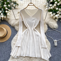 Women's Clothing French light luxury high end solid color knitted dress for women autumn and winter V neck waist design niche temperament long skirt