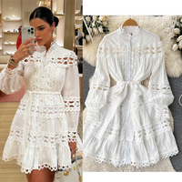 Clothing Spring style French palace style stand up collar hollow single breasted dress lace up hollow lace princess skirt