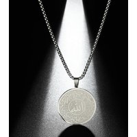 Round Muslim Arabic Pendant Necklace for Men Women Box Chain Stainless Steel Shahada Islam Quran Amulet Jewelry