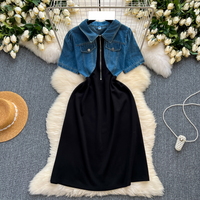 two piece contrast stitching zipper slim fit mid length dress