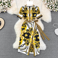 High end Temperament Round Neck Short sleeved Printed Waist Lace up Slimming Irregular line Dress