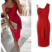 Women's New Solid Color Fashion Sequin Dress One-shoulder Suspender Evening Dress Dress