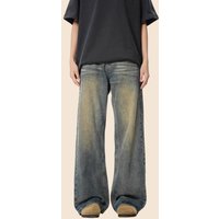 Vintage Washed Distressed Straight Leg Jeans For Men - Retro Loose Fit Denim Pants With High Waist & Street Style