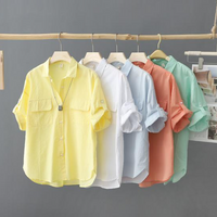 Women’s Clothing Cotton Short Sleeved Solid Color Shirt Summer New Outer Shirt Design Double Pocket Loose Thin Top For Women