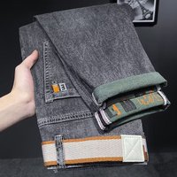 High end men's jeans for spring and autumn, versatile, trendy, elastic, small straight tube, cigarette ash printed, long