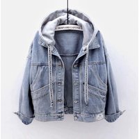 Denim Jacket Hood Oversized Short Coat Long Sleeve Pocket Casual Top Autumn Winter