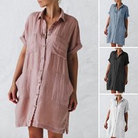 plus Cotton Hemp Long Sleeve Shirt Dress Irregular Pocket