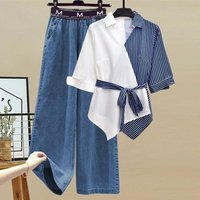 Clothing 200 Pounds Fat Summer Suit Female Splicing Two Piece Shirt Slim Matching Two Piece Suit
