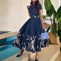 shirt collar large swing positioning flower print short sleeve button dress belt