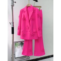 Women's Clothing pink suits and pants, celebrity style two-piece suitSuit collar long sleeve coat micro cropped pants -dimensional flower suit