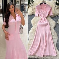 Korean Style Women's Pure Alluring Lapel Knitted Short Sleeve Dress Slim Fit Single Breasted Waist Defining Elegant Long Dress For Summer