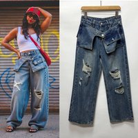 Stacked Waist Distressed Straight Leg Jeans Denim Casual Wide Leg Trousers Streetwear