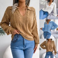 Women's clothing Real shot autumn and winter casual lapel twist lantern sleeve knitted sweater women's clothing