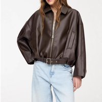 Vintage Inspired Bomber Jacket Faux Leather Casual Coat Relaxed Fit Multiple Pockets 
