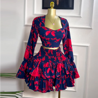 Clothing Sweet Fresh Printed Square Collar Long Sleeved Shirt High Waist Ruffled Skirt Two Piece Suit