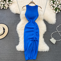 Clothing Retro temperament vest dress high end waist slimming pleated drawstring mid length bottom hip knitted dress