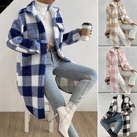 open button lapel plush plaid coat loose temperament commuter long coat
