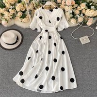 French style large polka dot style flared short sleeved temperament V neck strap waist slimming mid length dress summer wear