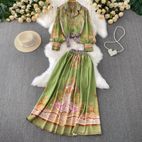 Clothing Fashion Casual Printed Suit Collar Long Sleeved Shirt + High Waist Slim Swing Skirt Two Piece Suit