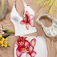Floral Summer Vacation Style Women's Tie-Front Halter Dress And Bodycon Skirt Set Sexy Versatile Two-Piece Outfit