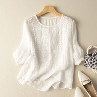 Clothing Cotton linen short sleeve literary vintage embroidery top feminine temperament breathable T shirt round neck shirt