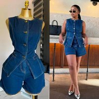 Best selling Trendy Denim Sleeveless Top Shorts Set Europe America