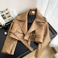 Clothing Retro Leather Jacket Autumn Winter Style Fashionable Design Belt Short Motorcycle Leather Jacket Trend