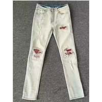 Men's Distressed Denim Jeans With Rhinestone & Patch Details – Slim Straight Leg Stretch Jeans For Streetwear
