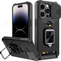 Case iPhone 15 14 13 12 11 Pro Max XR Slide Camera Card Holder Heavy Duty Protective Ring Magnetic Kickstand