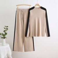 Clothing autumn contrast stitching round neck knitted top drawstring wide leg pants two piece set fashion trend suit