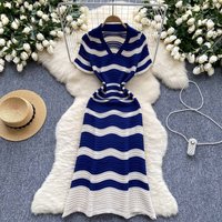 Women's Clothing Light Luxury High End Striped Knitted Dress V Neck Hollow Thin Breathable Slim Design Long Skirt
