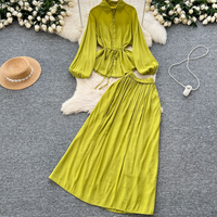 Clothing Solid Temperament Suit Spring Puff Sleeve Tie Shirt + Elastic Waist Slim Long Skirt