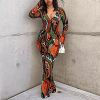 Deep V Sexy Printed Shirt Wide Leg Pants Fashion Casual Two piece Set