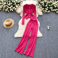 Clothing style metal button round neck slim fit versatile long sleeved knitted sweater high waist casual pants two piece set