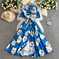 Floral Print French Wrap Midi Dress With Belt Tie For Women - Summer Vacation Slimming A-Line Design