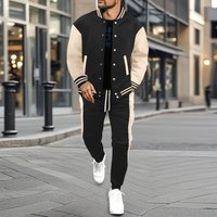  Baseball Jacket & Jogger Set Casual Contrast Panel Zip Up Track Suit Elastic Cuffs