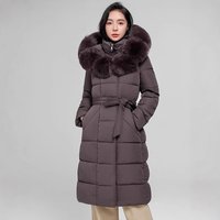 Women's Long down Filled Cotton Coat with Large Fur Collar over the Knee Thick Warm And Stylish Belted Waist Cinching