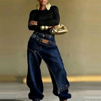 High Waisted Slimming Wide Leg Trousers Faux Denim Jeans Layered Washed Two Piece European American Style