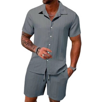 Men's Sportswear Classic Two-piece Set, Men's Casual Button-down Lapel Short-sleeved Shirt And Shorts, Beach-style Suit For Men In Summer