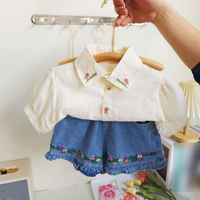 Mother & Summer Suit Cute Embroidered Lapel Shirt Plus Denim Shorts Two piece Suit
