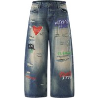 & American Streetwear Digital Print Jeans Loose Fit Hip Hop Straight Leg Casual Trousers