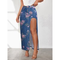 European And American High Slit Half Length Denim Skirt Women 2025 Spring And Summer New Style Washed Solid Color Mid Length Skirt