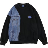 Clothing Heavy denim splicing sweatshirt trend ins high street pullover hip hop loose bf lazy style