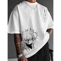 100% Pure Cotton Men's Summer Fashion Japanese Anime Character Pattern Letter Print Loose Multi-functional Short Sleeved T-shirt Top