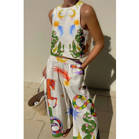 Women's Clothing Vest And Trousers Two Piece Set Fashion Casual Cotton And Linen Printed Set