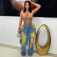 Autumn Winter Fashion Washed Distressed Denim Jeans Loose Stretch Patchwork Two Piece Trousers