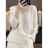 V Neck Knitted Cardigan Heavy Sequined Relaxed Style Loose Fitting Pearl Button Sweater Coat Autumn Style