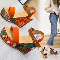 2025 Summer Women' Fih Mouth Buckle Slope Heel Sandal Waterproof Platform Printed Roman Sweet Thick Sole Matuke
